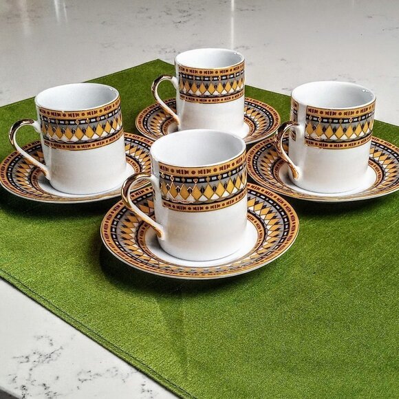 Art Deco 8-Pc Gold Grey Demitasse Cup & Saucer Set - Picture 2 of 11